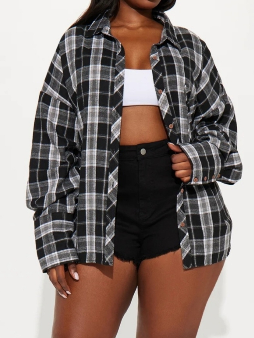 Women's Black Plaid Button-Up Shirt Jacket - Classic Oversized Flannel 🖤🩶